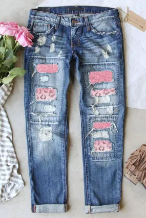 *App Exclusive* Leopard Patch Distressed Straight Leg Jeans