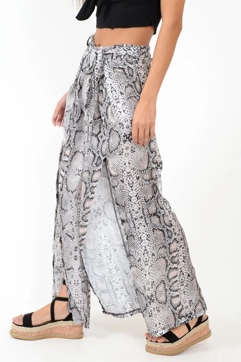 Beige Snake Print Wide Leg Belted Trousers - Brooklinn