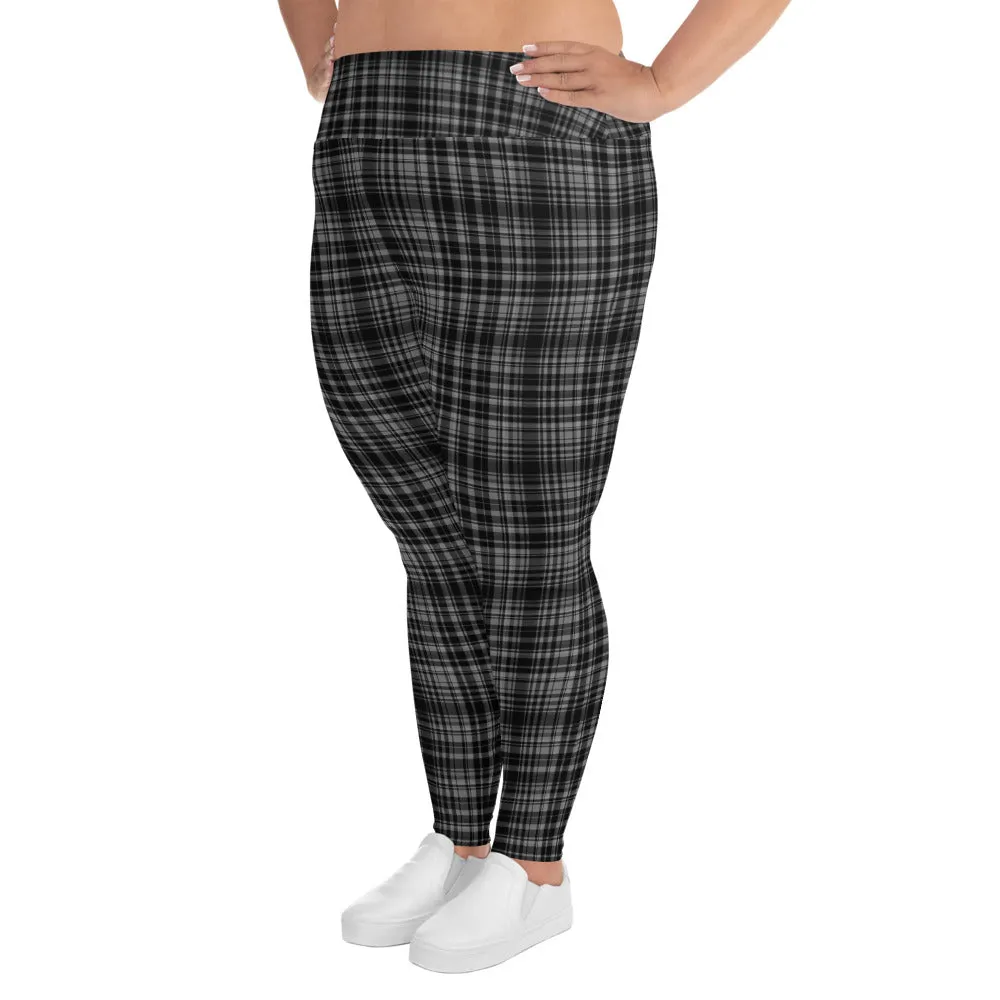 Black Plaid Plus Size Leggings, Plaid Print Women's High Rise Ankle Length Tights-Made in USA