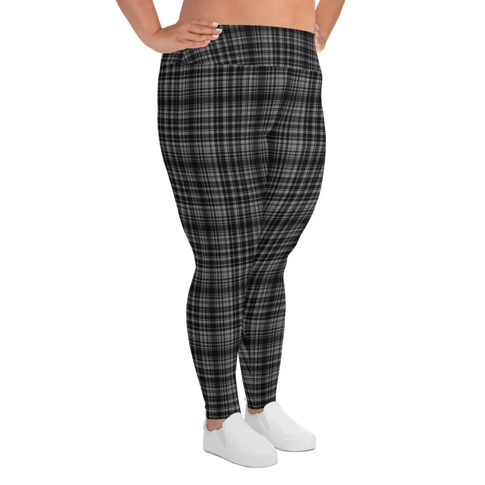 Black Plaid Plus Size Leggings, Plaid Print Women's High Rise Ankle Length Tights-Made in USA