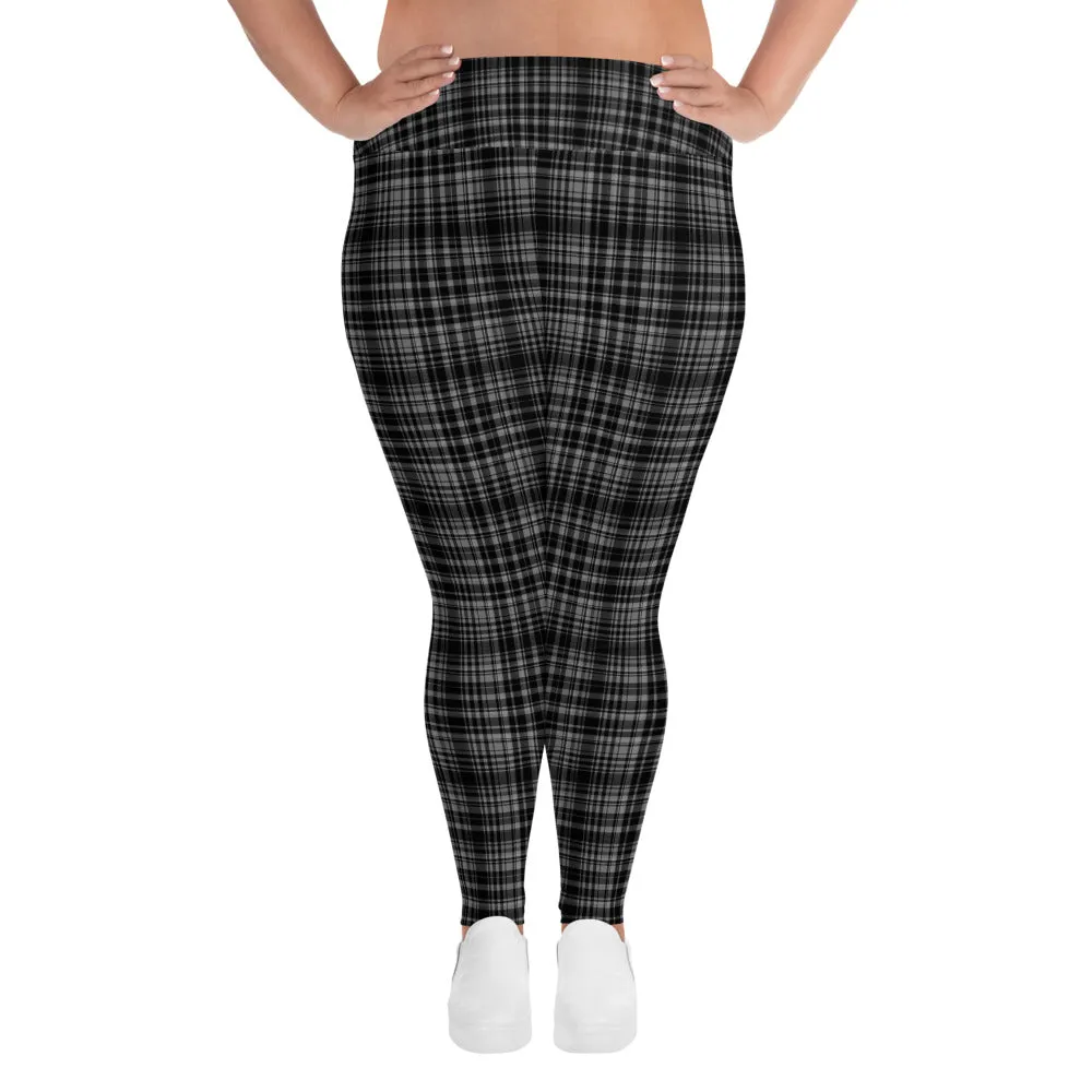 Black Plaid Plus Size Leggings, Plaid Print Women's High Rise Ankle Length Tights-Made in USA