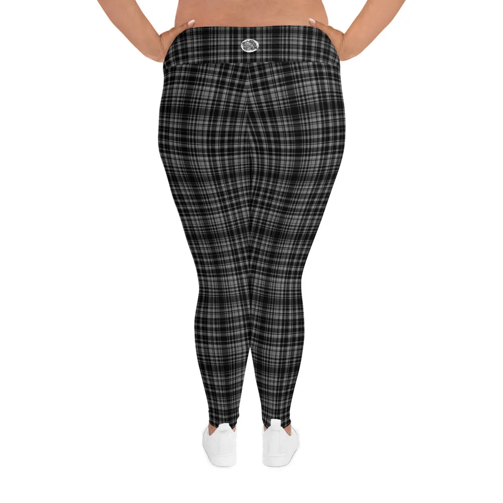 Black Plaid Plus Size Leggings, Plaid Print Women's High Rise Ankle Length Tights-Made in USA