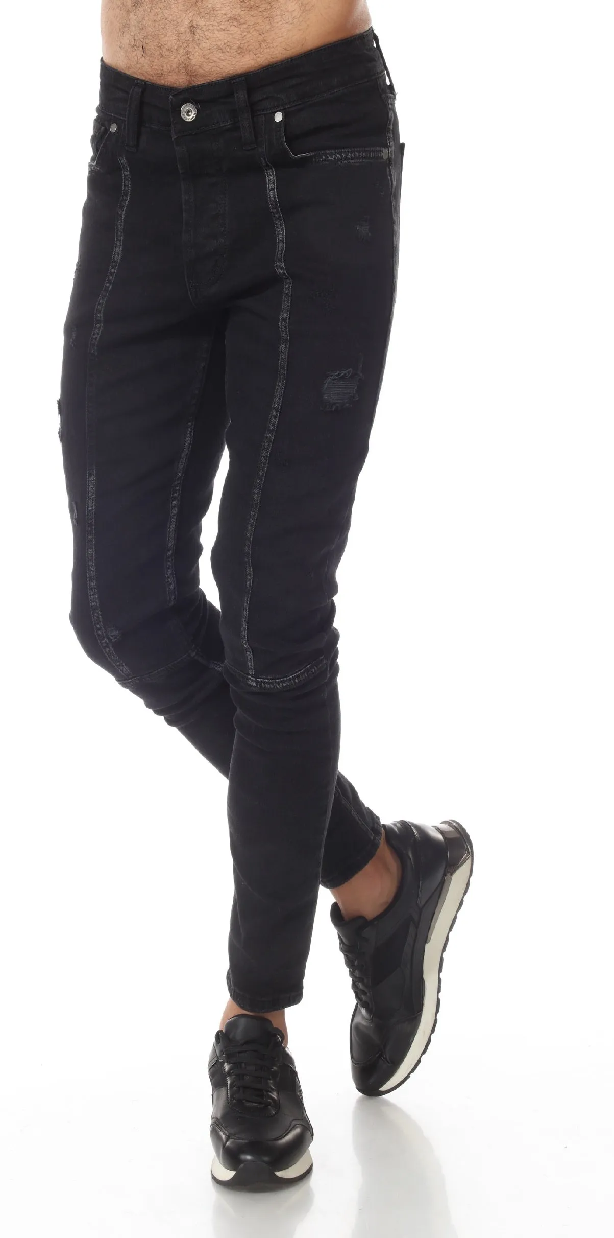 Black Washed Fashion Jeans With Distress & Piping