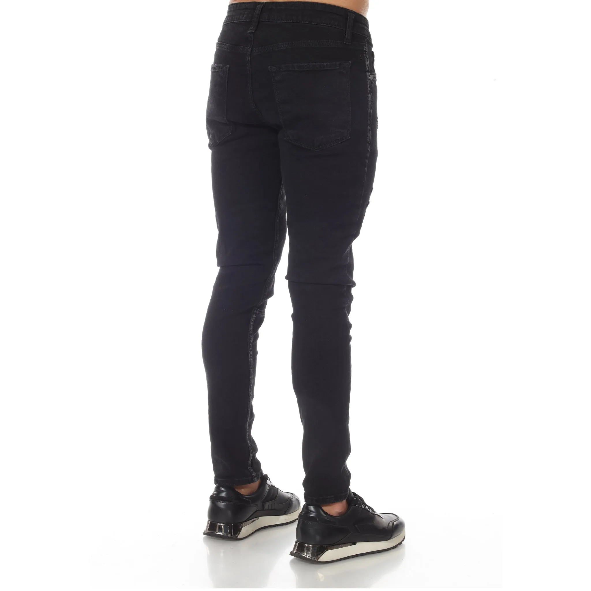 Black Washed Fashion Jeans With Distress & Piping