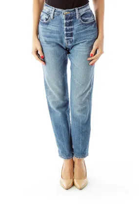 Blue Distressed High-Waist Boyfriend Jeans