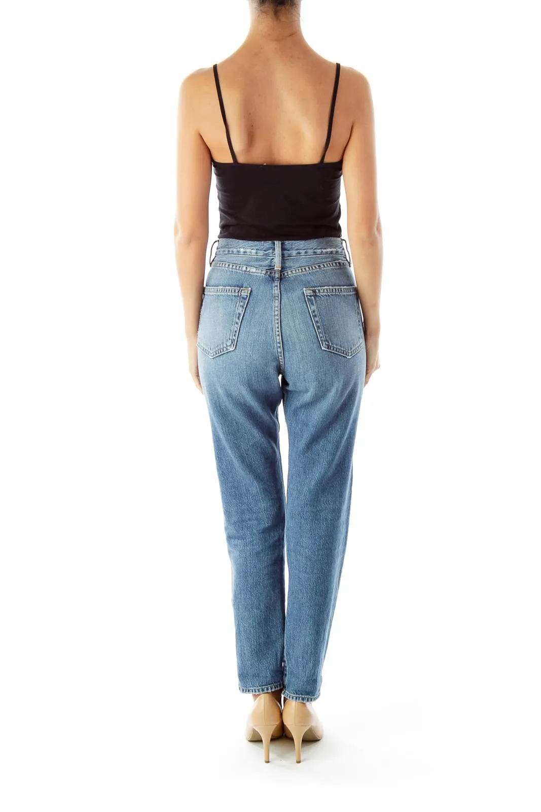 Blue Distressed High-Waist Boyfriend Jeans