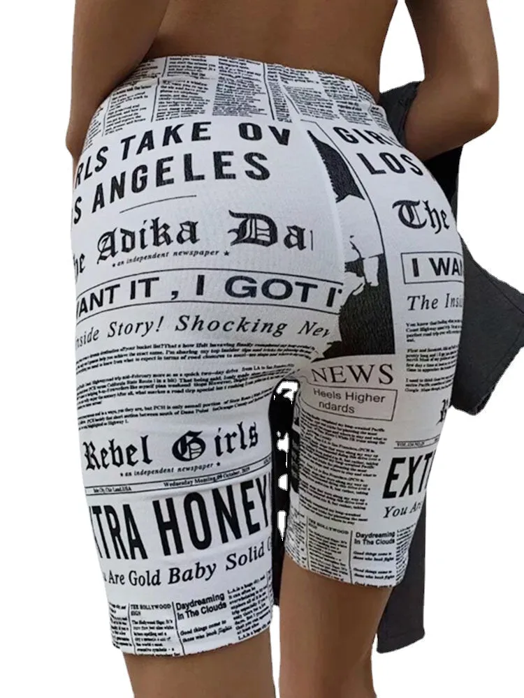 Casual Newspaper Print High Waist Shorts Sport Leggings For Women