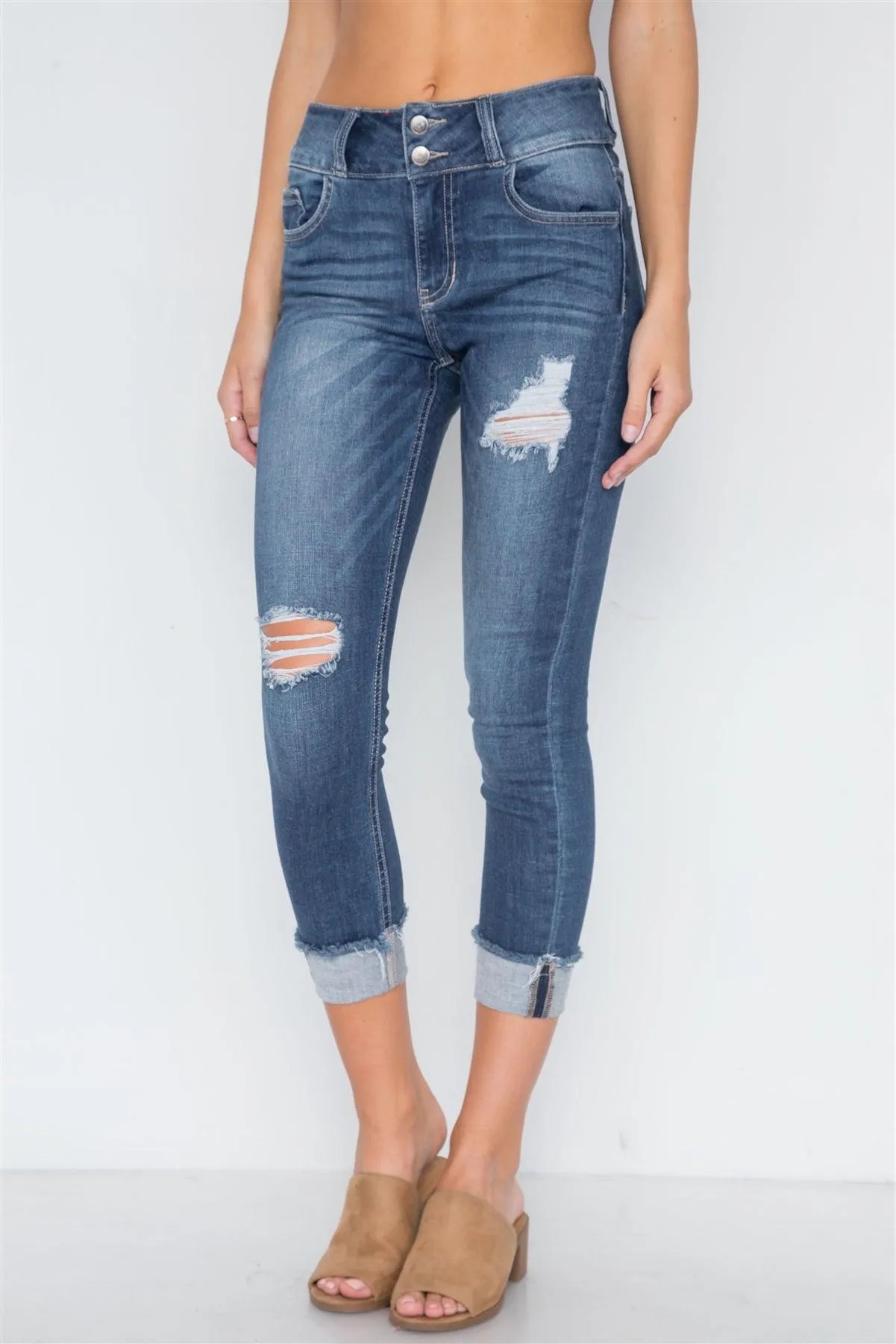 Dark Denim Cuffed Hem Skinny Jeans