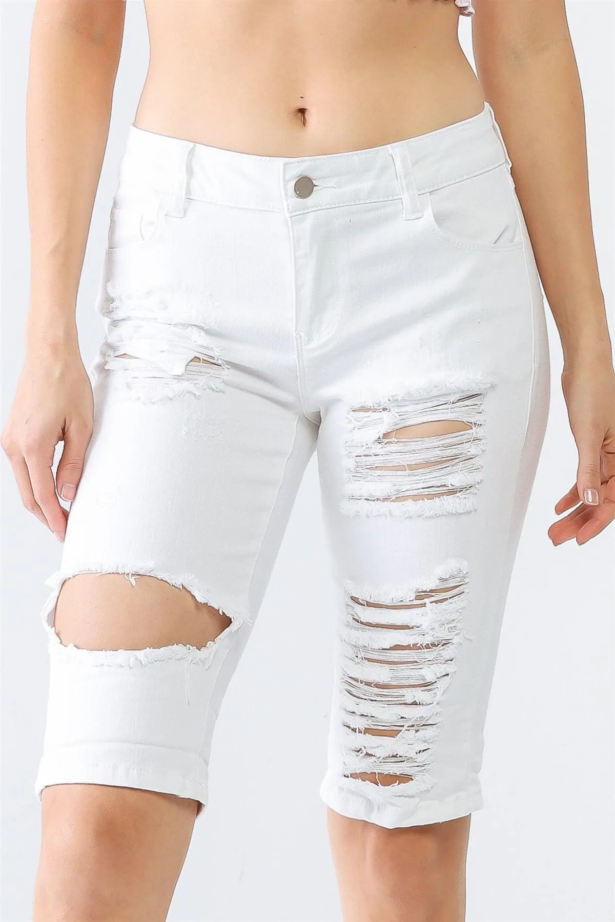 Denim Cotton Distressed Five Pocket Capri Jeans