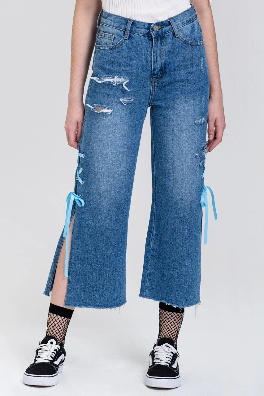 Distressed Side Slit Lace Cropped Palazzo Jeans