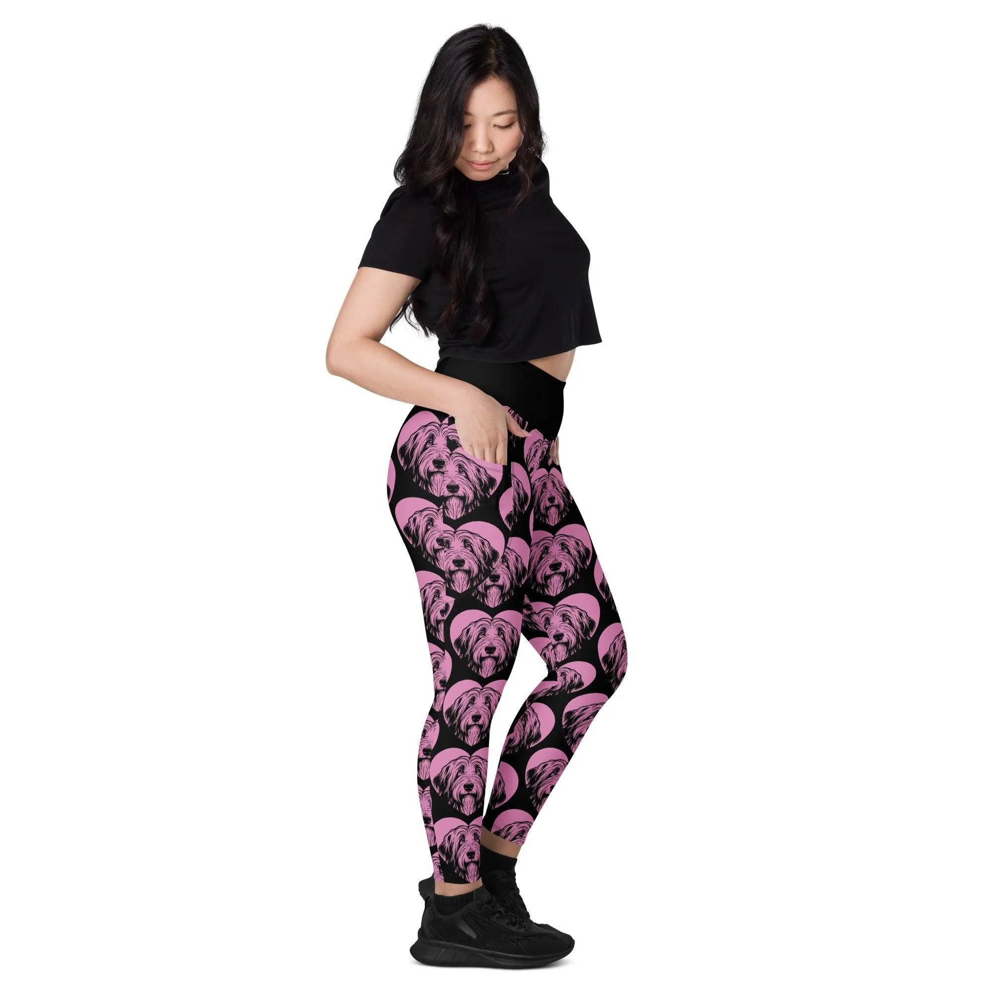 DOG BREED LEGGINGS with pockets - BEARDED COLLIE - HERTTAHOUND - pink