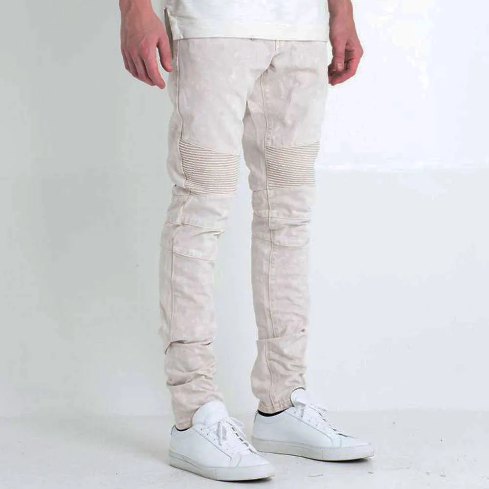 Embellish Fist Biker Denim Jeans Off White