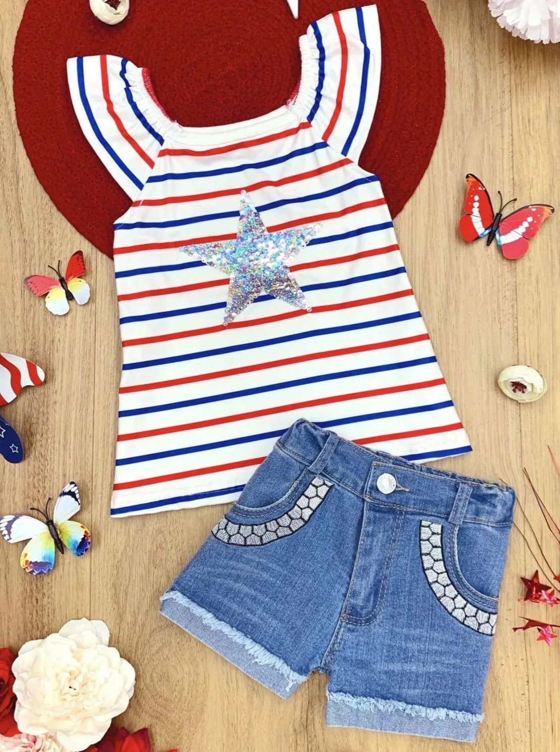 Girls She's A Star Top and Embroidered Denim Short Set