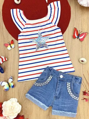 Girls She's A Star Top and Embroidered Denim Short Set