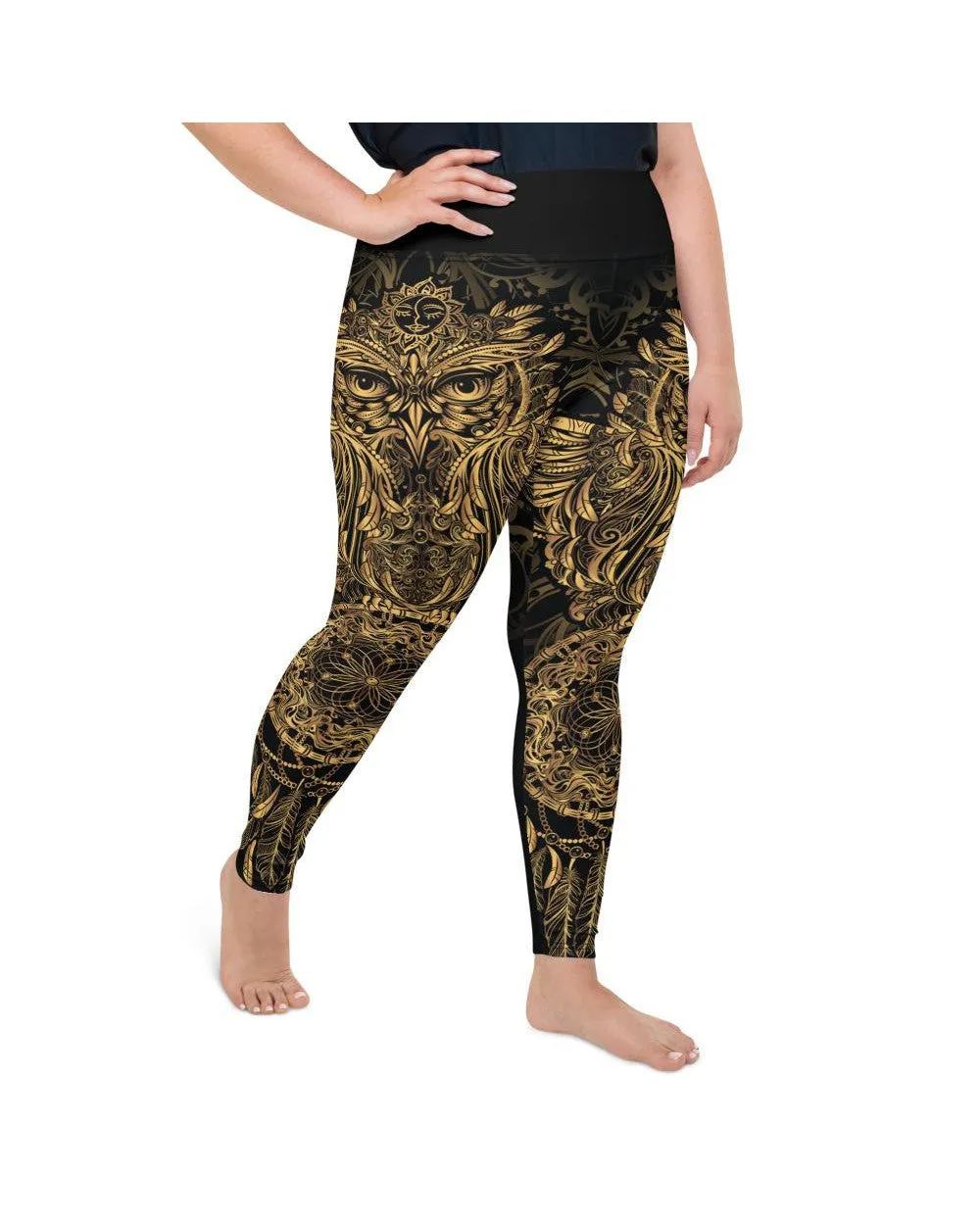 Golden Ornamental Owl Plus Size Leggings