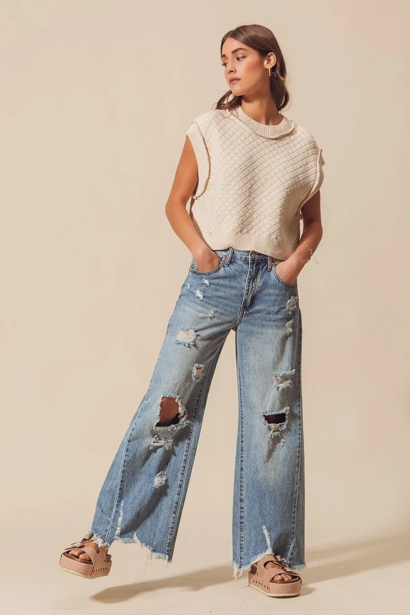 Mid Rise Destructed and Distressed Denim Jeans