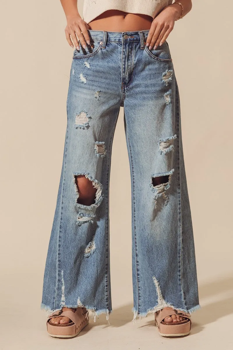 Mid Rise Destructed and Distressed Denim Jeans