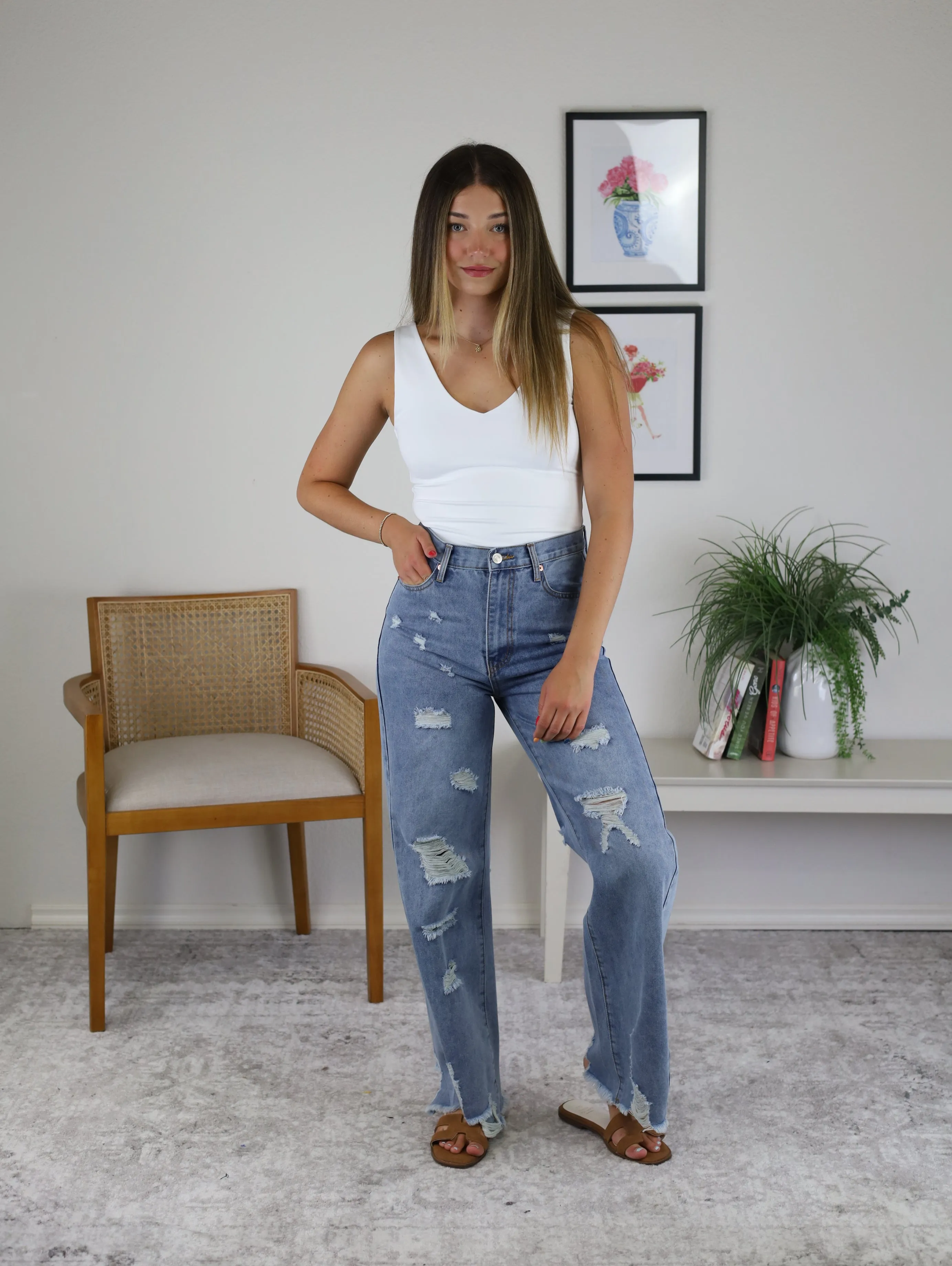 Mid Rise Distressed Denim Jeans - Sale