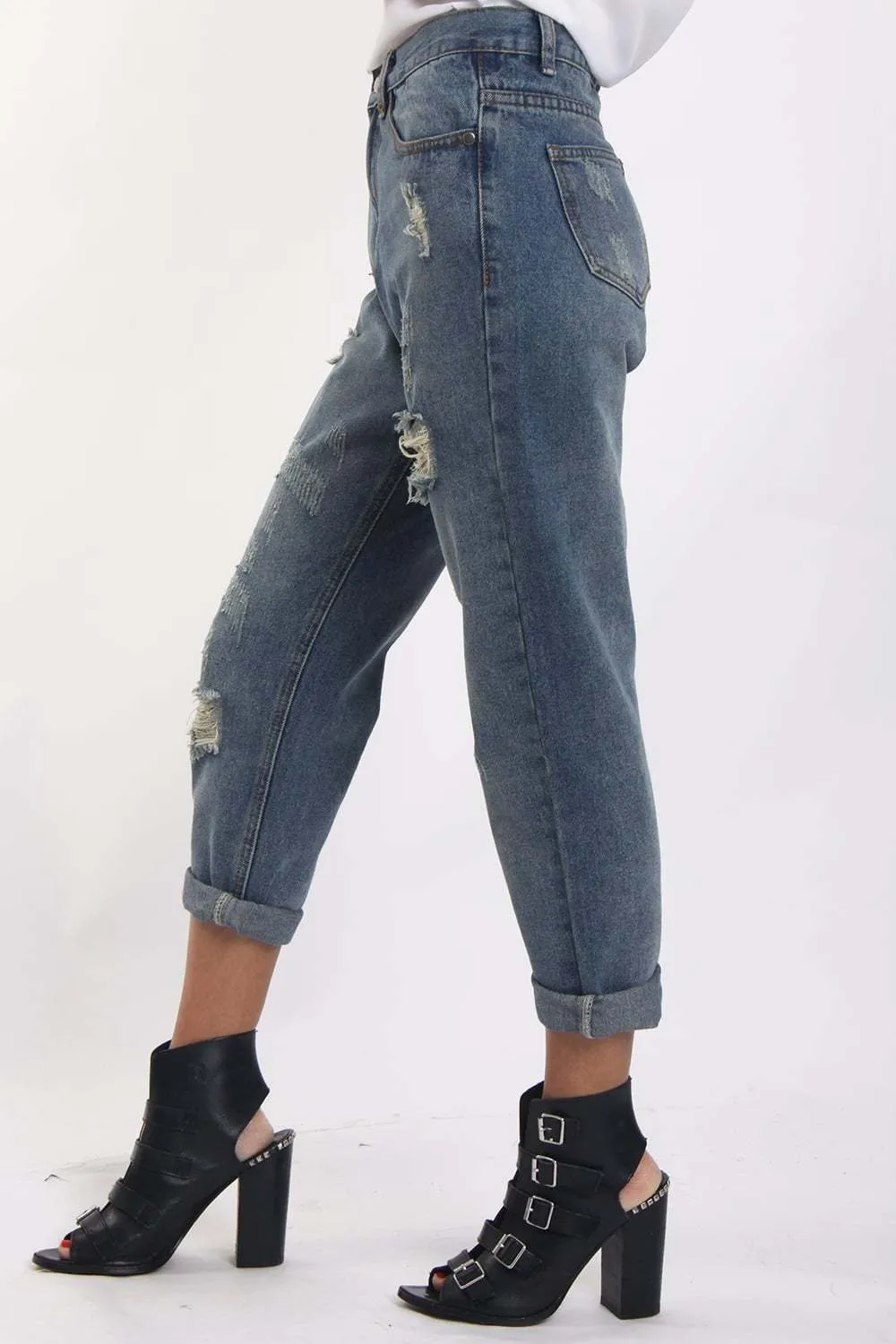 Mid Wash Blue Ripped Distressed Boyfriend Jeans