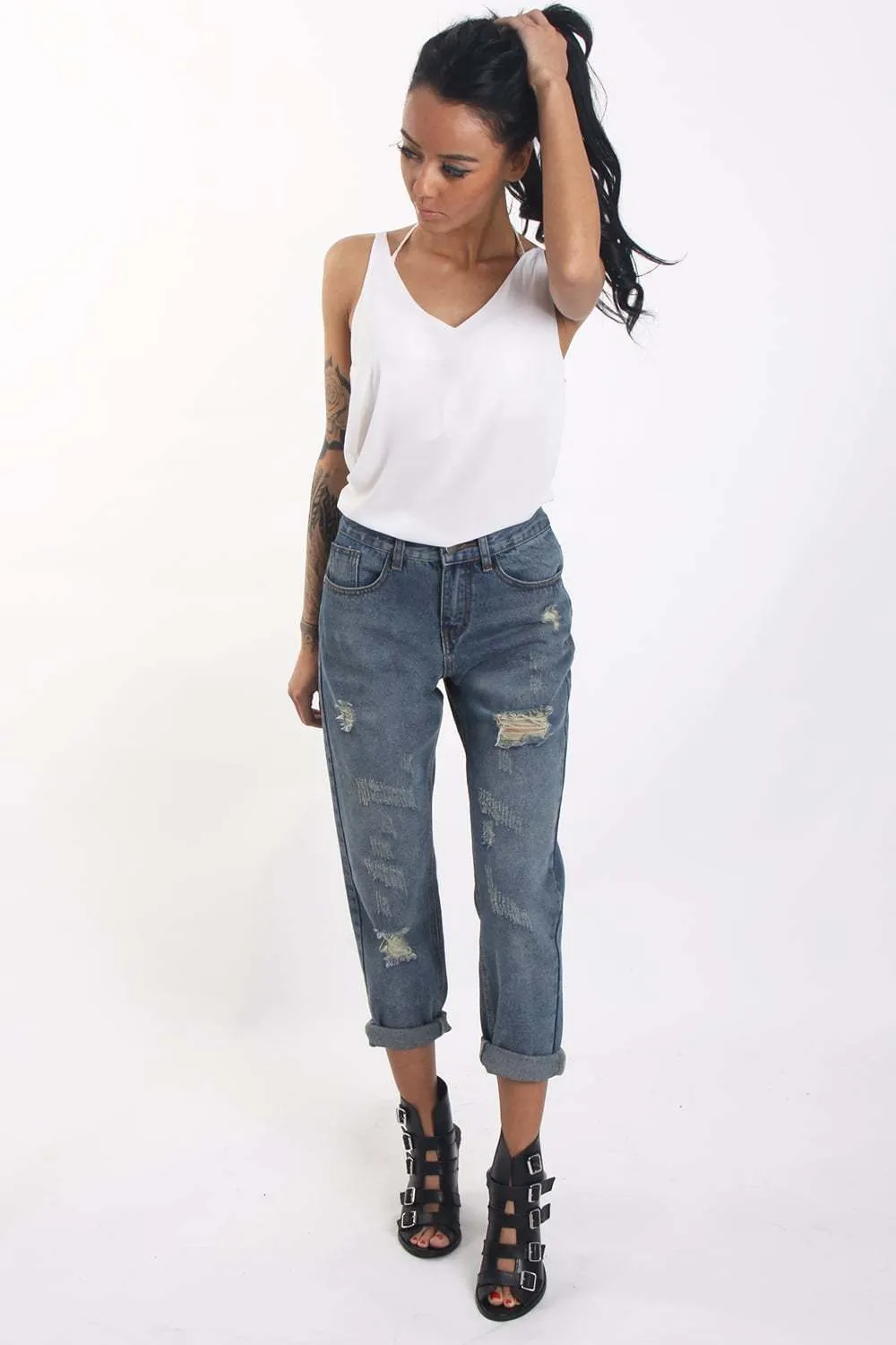 Mid Wash Blue Ripped Distressed Boyfriend Jeans