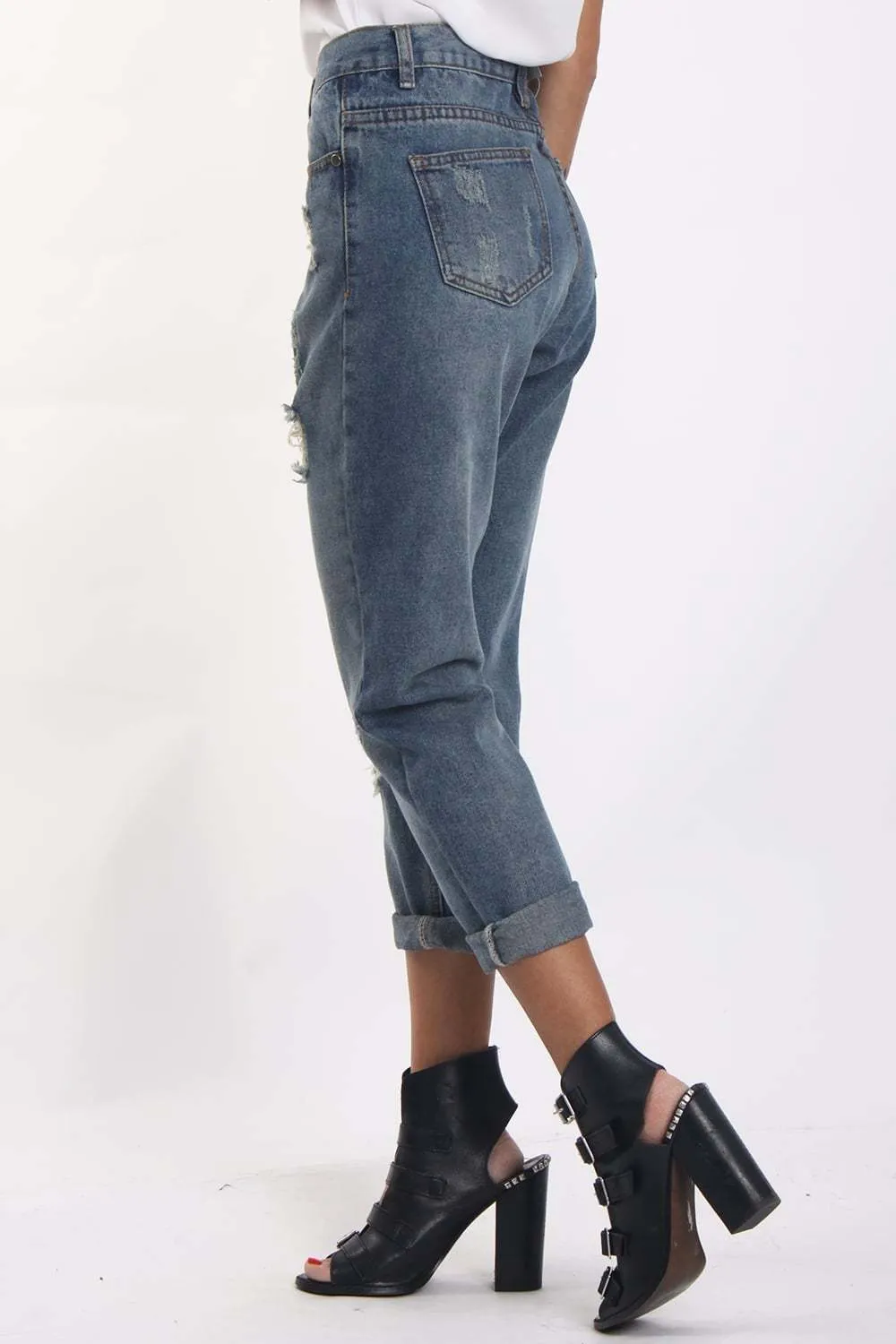 Mid Wash Blue Ripped Distressed Boyfriend Jeans