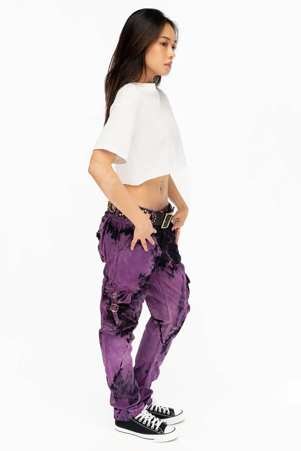 MILITARY STYLE WOMENS CARGO PANTS IN TIE DYE PURPLE