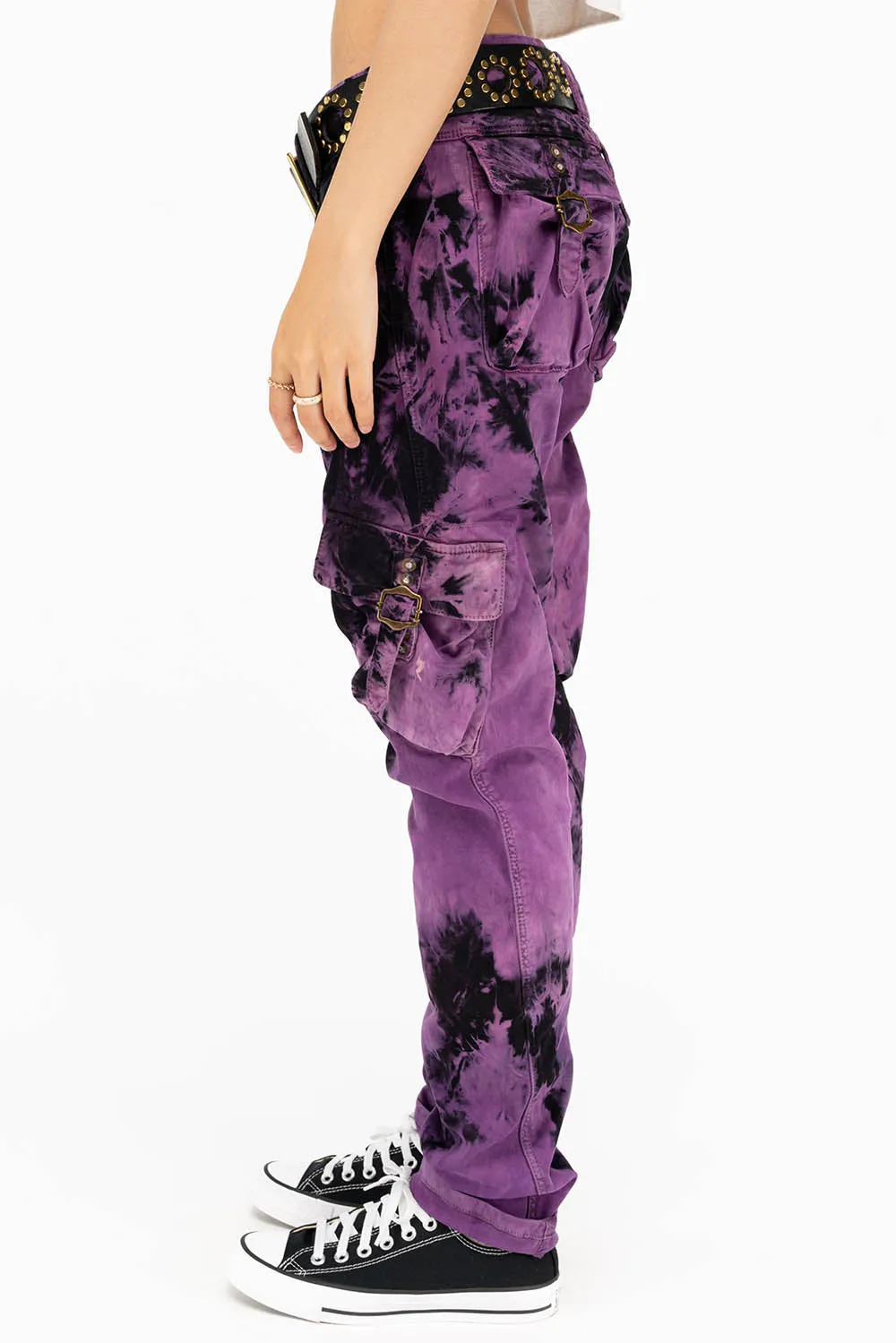 MILITARY STYLE WOMENS CARGO PANTS IN TIE DYE PURPLE