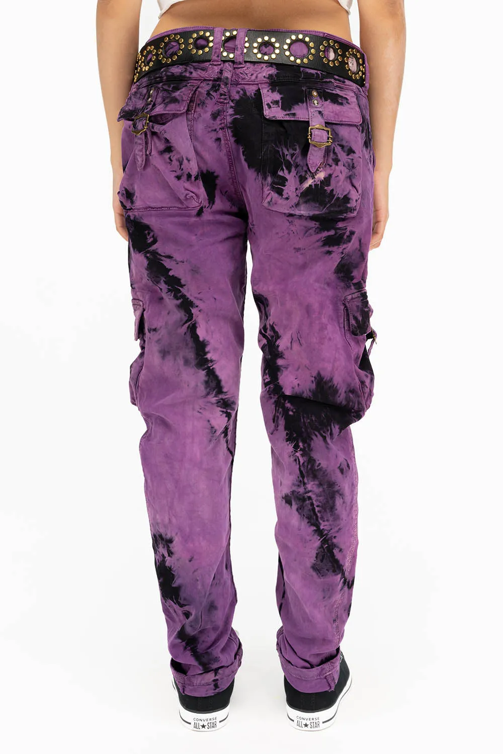 MILITARY STYLE WOMENS CARGO PANTS IN TIE DYE PURPLE