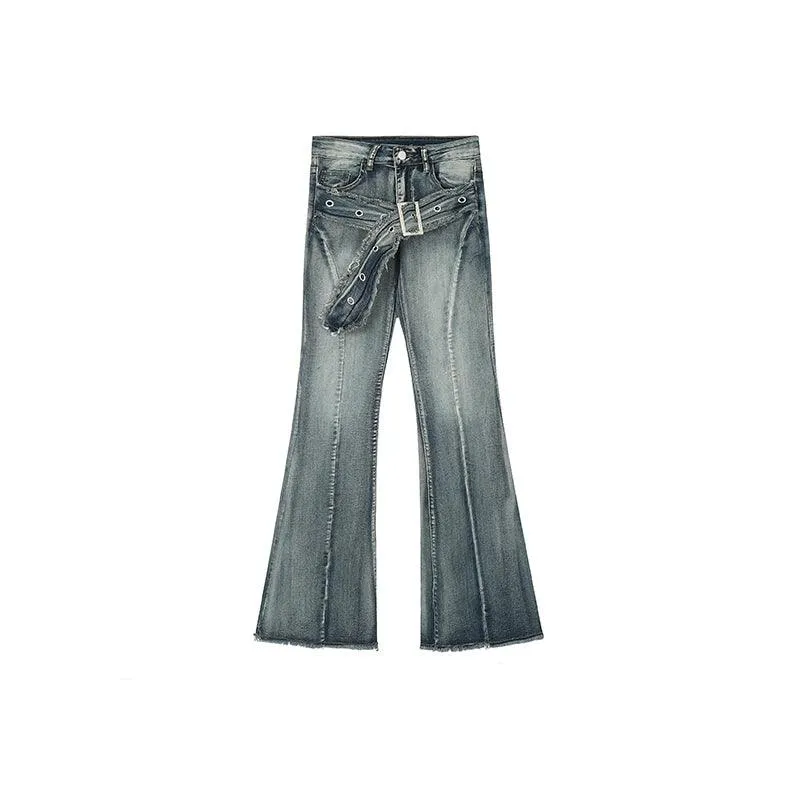 Rayohopp Retro Flared Denim Jeans - Distressed Gray Wash With Detachable Belt And Raw Hem