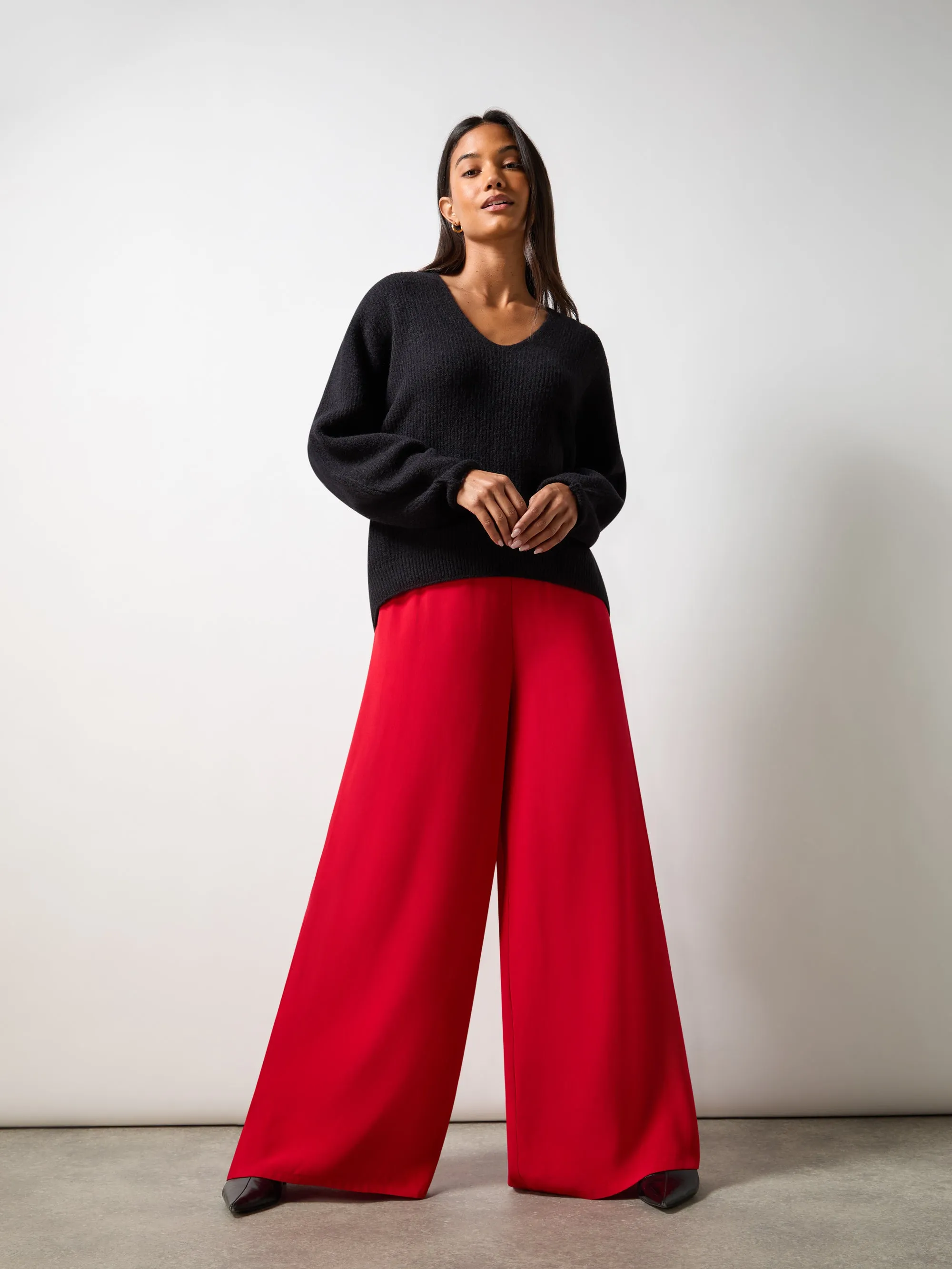 Red Crepe Wide Leg Trouser