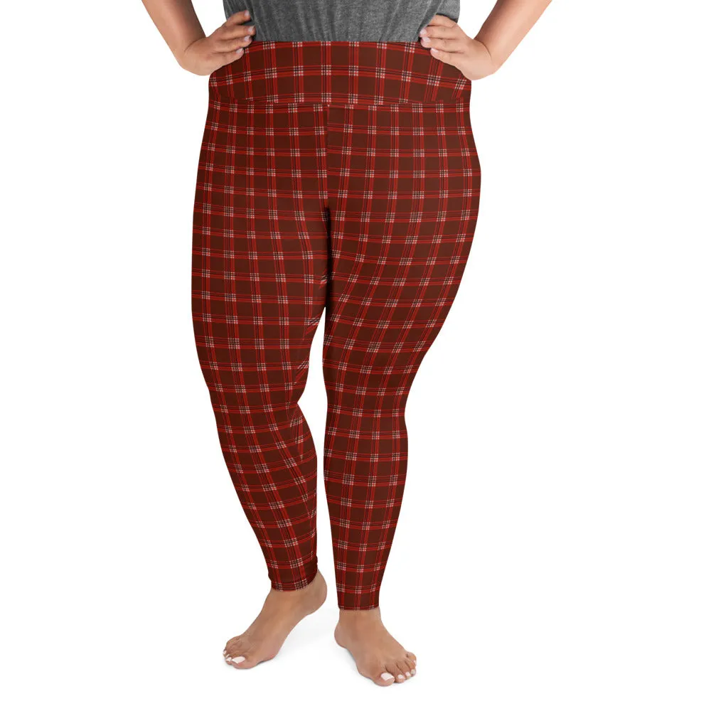 Red Plaid Plus Size Leggings, Dark Red Tartan Classic Women's Yoga Tights-Made in USA/EU