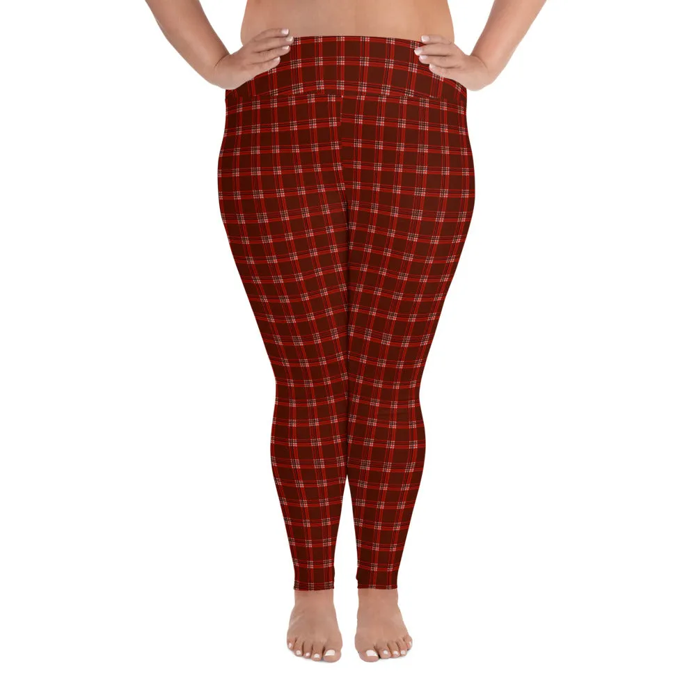 Red Plaid Plus Size Leggings, Dark Red Tartan Classic Women's Yoga Tights-Made in USA/EU