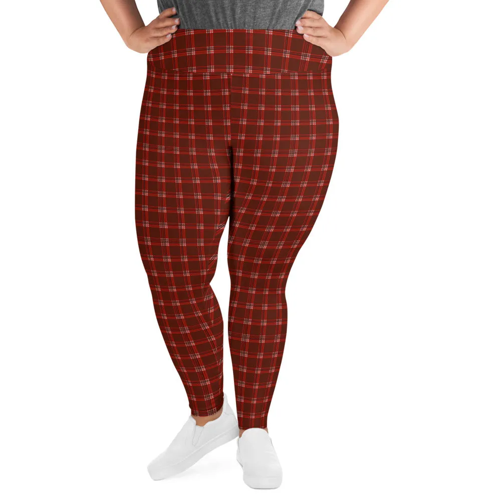 Red Plaid Plus Size Leggings, Dark Red Tartan Classic Women's Yoga Tights-Made in USA/EU