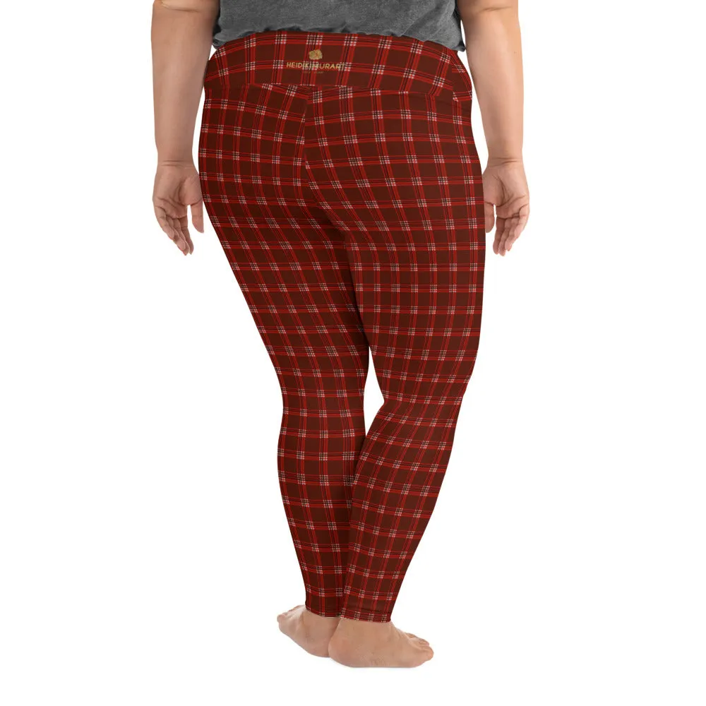 Red Plaid Plus Size Leggings, Dark Red Tartan Classic Women's Yoga Tights-Made in USA/EU