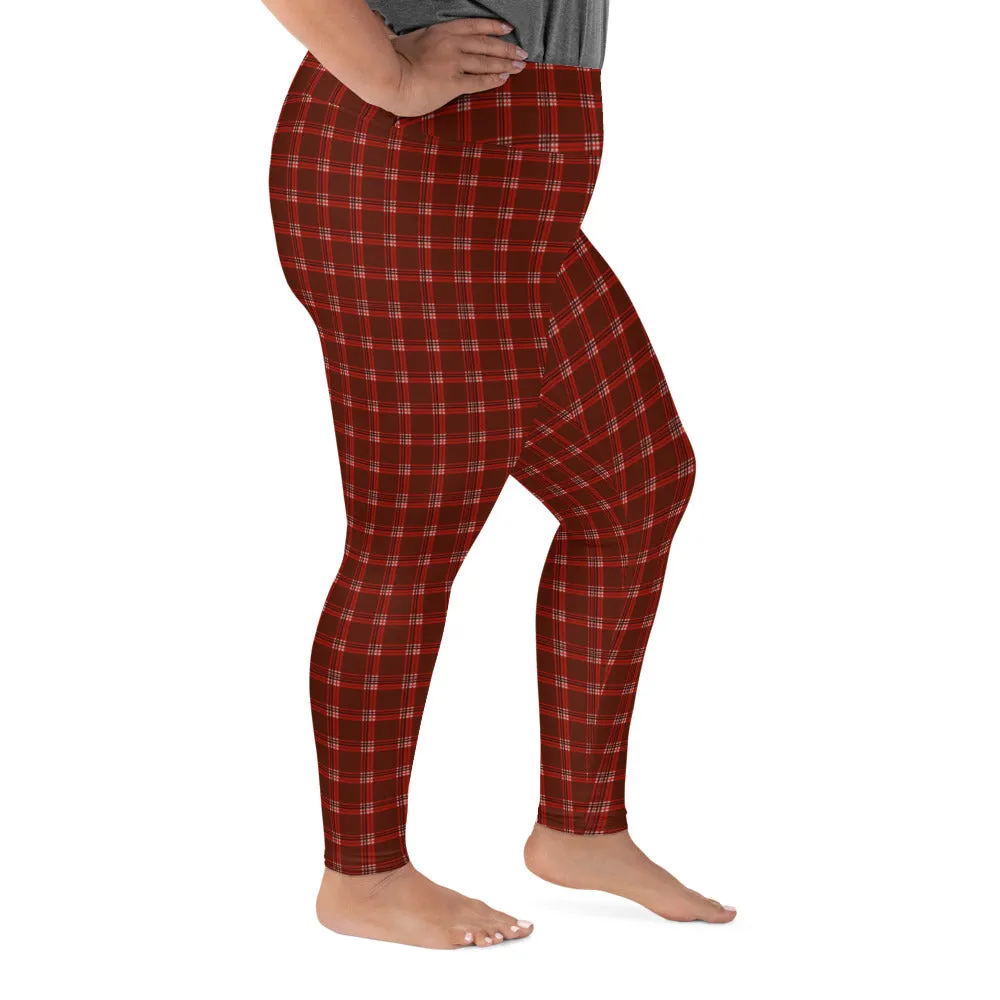 Red Plaid Plus Size Leggings, Dark Red Tartan Classic Women's Yoga Tights-Made in USA/EU