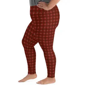 Red Plaid Plus Size Leggings, Dark Red Tartan Classic Women's Yoga Tights-Made in USA/EU