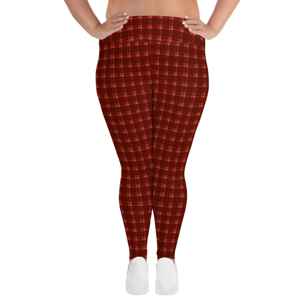 Red Plaid Plus Size Leggings, Dark Red Tartan Classic Women's Yoga Tights-Made in USA/EU