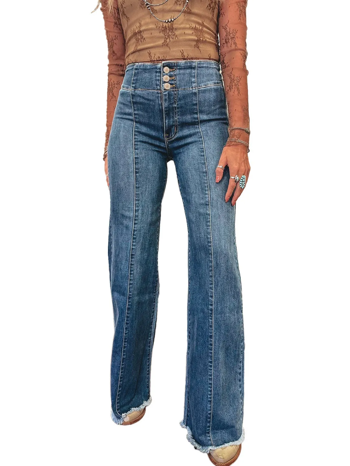 Sail Blue High Waist Button Raw Hem Jeans