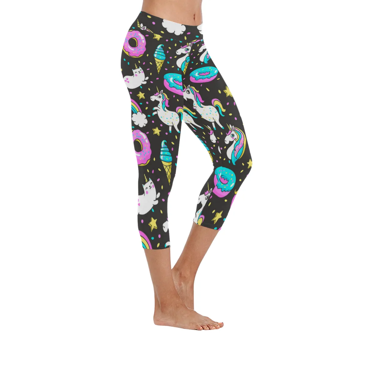 Seamless Pattern with Unicorns Donuts Rainbow Women's Low Rise Capri Leggings (Invisible Stitch)