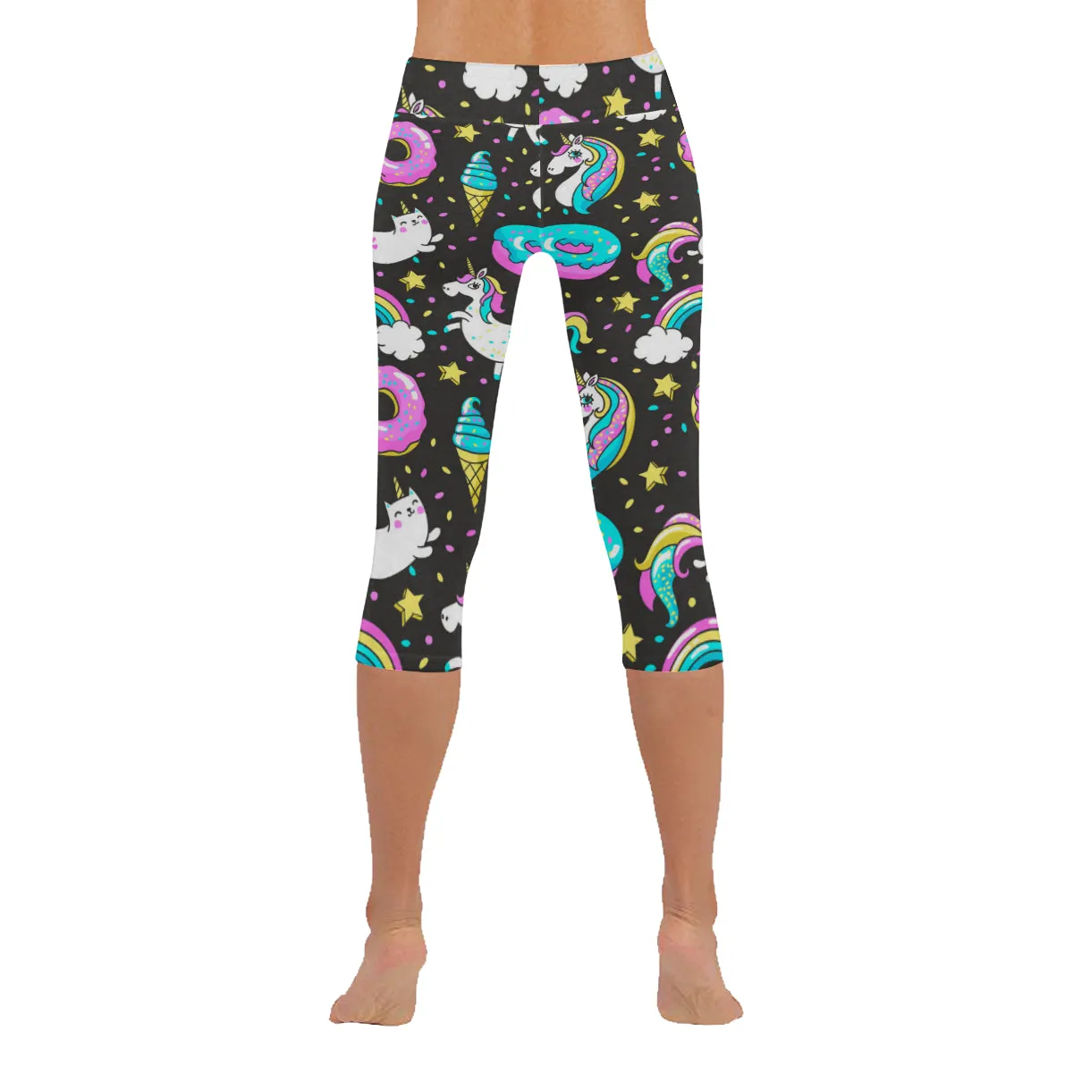 Seamless Pattern with Unicorns Donuts Rainbow Women's Low Rise Capri Leggings (Invisible Stitch)