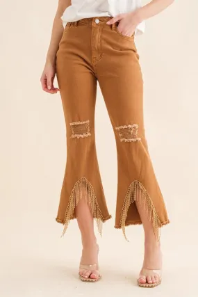 Stretch Twill Distressed Knee Fringe Leg Jeans