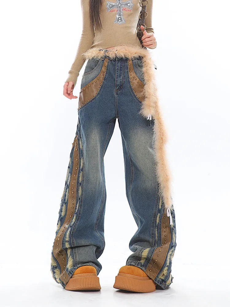 Studded Distressed Wide Leg Jeans