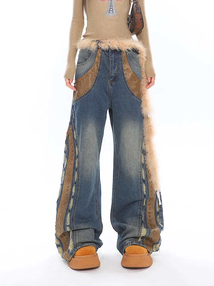 Studded Distressed Wide Leg Jeans