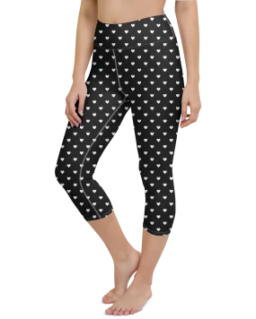 White Mini Hearts Black Yoga Capris