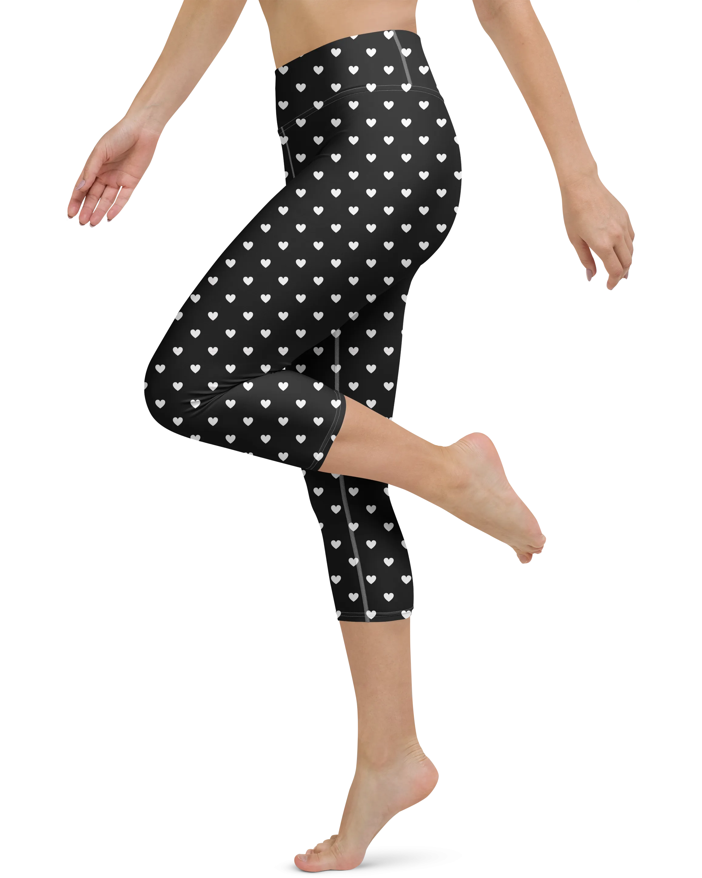 White Mini Hearts Black Yoga Capris