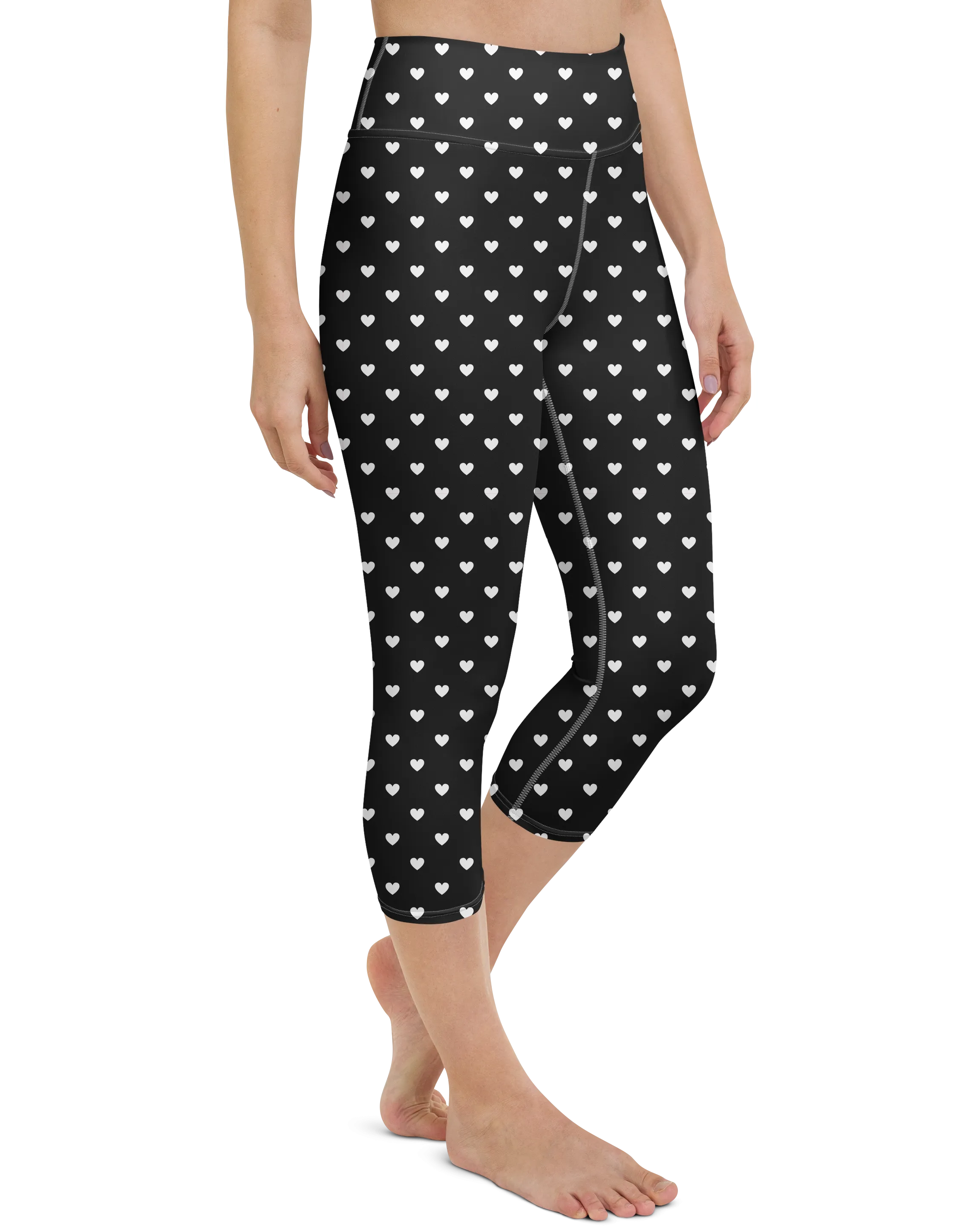 White Mini Hearts Black Yoga Capris