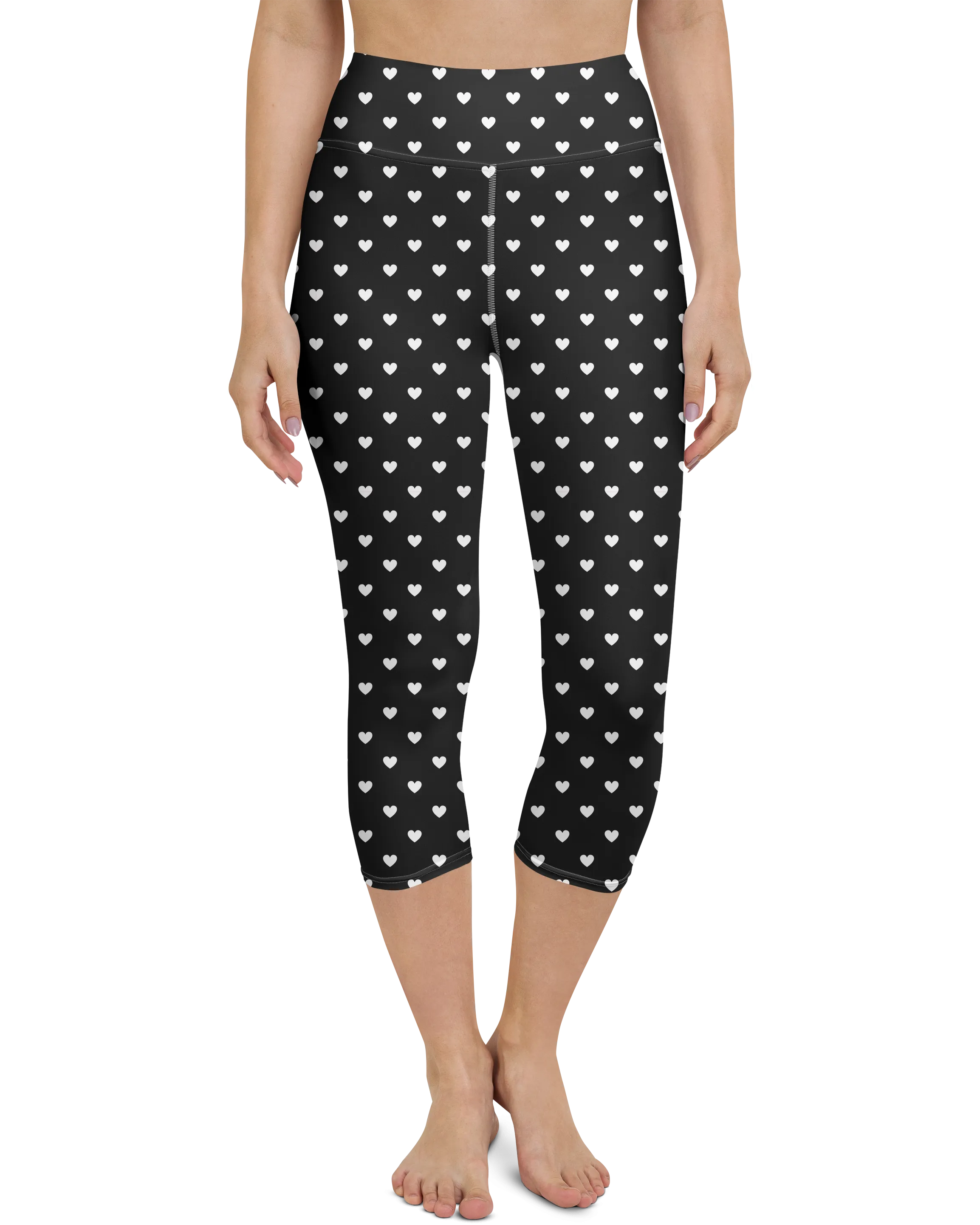 White Mini Hearts Black Yoga Capris